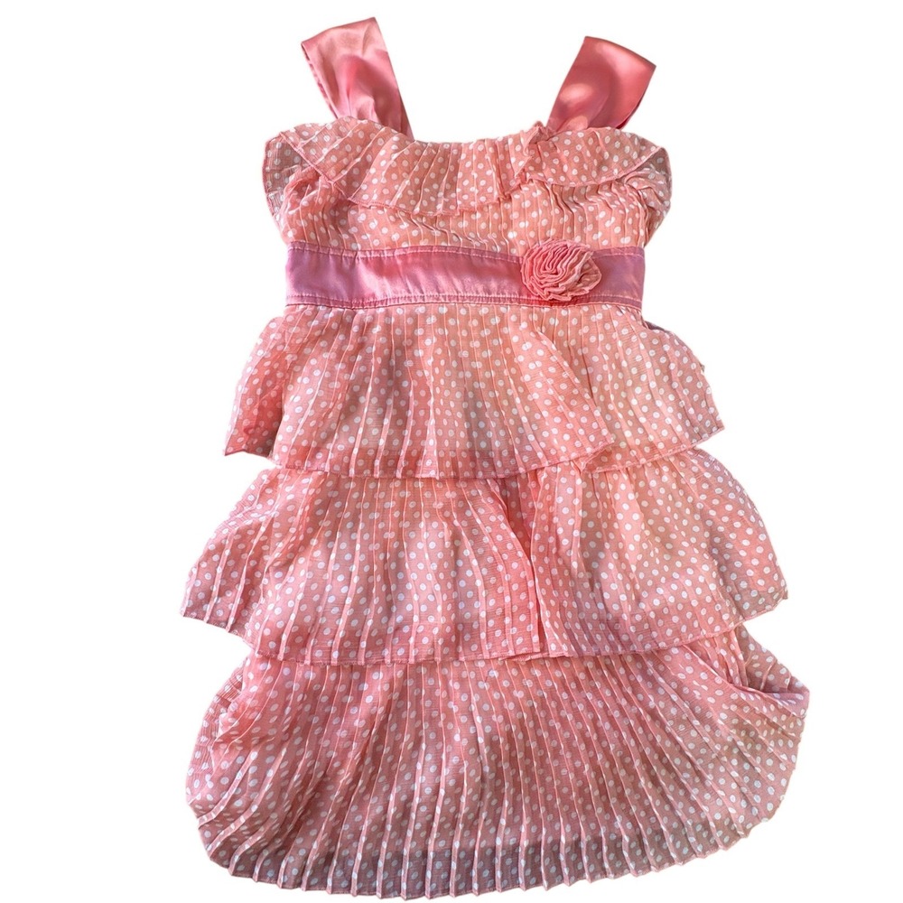 Candies‎ Girls Dress S Coral Pink Polka Dot Tiered Pleated Rosette Accent